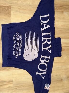 DAIRY BOY Navy mock neck with Tennis Print xs